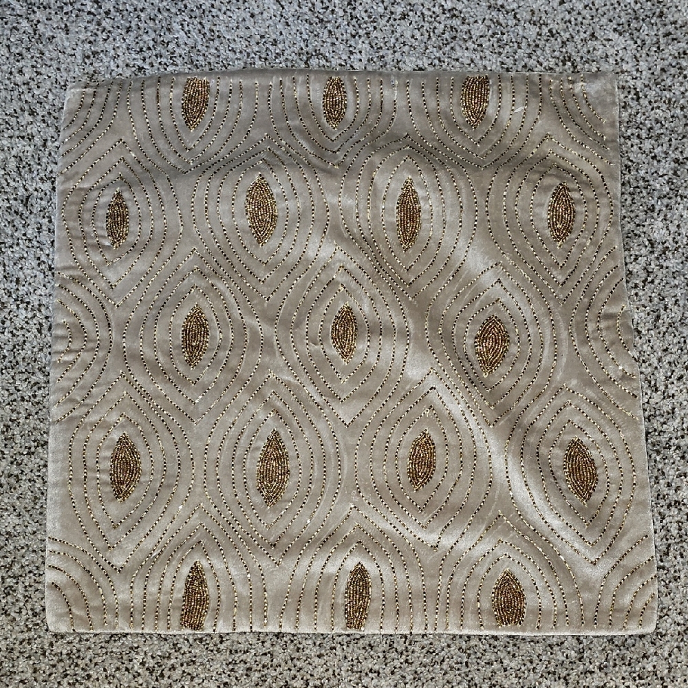 Elite D'art Elegant Beige and Gold Beaded Decorative Pillow Cover